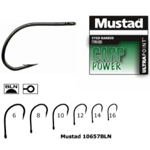 Carlige MUSTAD Ultrapoint Carp Power 10657BLN, Eyed Barbed, Nr.6, 10buc/pac