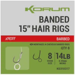 Carlige Legate KORUM Banded Hair Rigs, 38cm, 14lbs, Nr.8, 8buc/pac Carlige Legate KORUM Banded Hair Rigs, 38cm, 14lbs, Nr.8, 8buc/pac