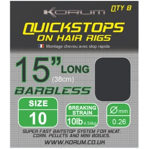 Carlige Legate KORUM Hair Rigs Barbless With Qickstops, 38cm, Nr.14, 8buc/pac