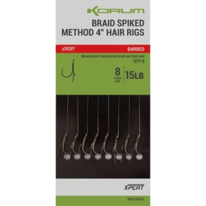 Carlige Legate KORUM Power Braid Spiker Method Hair Rigs Barbed, 15lbs, Nr.8, 11cm, 8buc/pac