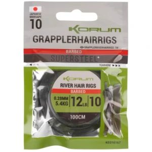 Carlige Legate KORUM River Grappler Hair Rigs M1 Barbed, Nr.14, 100cm, 5buc/pac Carlige Legate KORUM River Grappler Hair Rigs M1 Barbed, Nr.14, 100cm, 5buc/pac