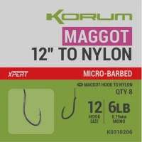 Carlige Legate Korum Xpert Maggot Barbed Hooks to Nylon Nr.12, 30cm, 0.19mm, 6lb, 8buc/pac