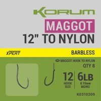 Carlige Legate Korum Xpert Maggot Barbless Hooks To Nylon Nr.12, 30cm, 0.19mm, 6lb, 8buc/pac Carlige Legate Korum Xpert Maggot Barbless Hooks To Nylon Nr.12, 30cm, 0.19mm, 6lb, 8buc/pac
