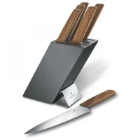 Set 6 Cutite Victorinox Swiss Modern Knife Block + Suport Lemn Gri, Manere Cutite Maro